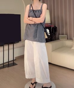Blue Plaid Camisole and White Casual Pants Two-Piece Set - Stylish Summer Outfit for Women, Perfect for Y2K and Everyday Wear