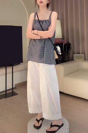 Blue Plaid Camisole and White Casual Pants Two-Piece Set - Stylish Summer Outfit for Women, Perfect for Y2K and Everyday Wear