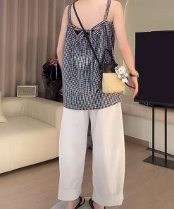 Blue Plaid Camisole and White Casual Pants Two-Piece Set - Stylish Summer Outfit for Women, Perfect for Y2K and Everyday Wear