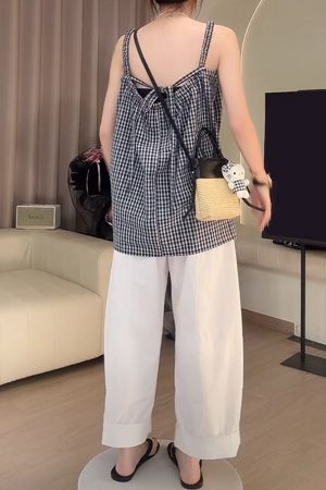 Blue Plaid Camisole and White Casual Pants Two-Piece Set - Stylish Summer Outfit for Women, Perfect for Y2K and Everyday Wear