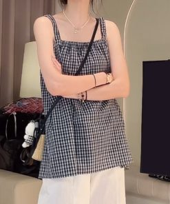Blue Plaid Camisole and White Casual Pants Two-Piece Set - Stylish Summer Outfit for Women, Perfect for Y2K and Everyday Wear