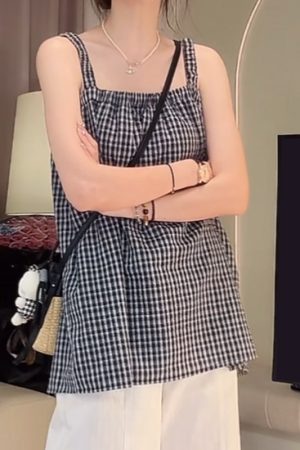 Blue Plaid Camisole and White Casual Pants Two-Piece Set - Stylish Summer Outfit for Women, Perfect for Y2K and Everyday Wear