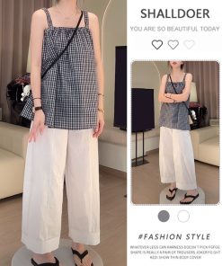 Blue Plaid Camisole and White Casual Pants Two-Piece Set - Stylish Summer Outfit for Women, Perfect for Y2K and Everyday Wear