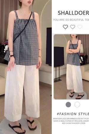 Blue Plaid Camisole and White Casual Pants Two-Piece Set - Stylish Summer Outfit for Women, Perfect for Y2K and Everyday Wear