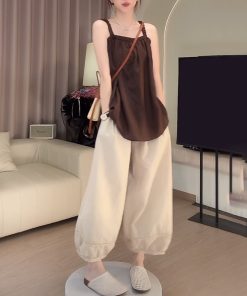 Blue Plaid Camisole and White Casual Pants Two-Piece Set - Stylish Summer Outfit for Women, Perfect for Y2K and Everyday Wear