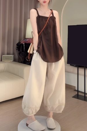 Blue Plaid Camisole and White Casual Pants Two-Piece Set - Stylish Summer Outfit for Women, Perfect for Y2K and Everyday Wear