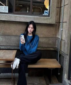Blue Round Neck Long Sleeve Knitted Sweater for Women - Pumpkin Korean Style Hollow Out Loose Fashionable Top, Lazy Chic