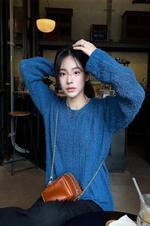 Blue Round Neck Long Sleeve Knitted Sweater for Women - Pumpkin Korean Style Hollow Out Loose Fashionable Top, Lazy Chic