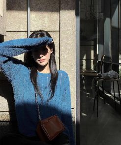 Blue Round Neck Long Sleeve Knitted Sweater for Women - Pumpkin Korean Style Hollow Out Loose Fashionable Top, Lazy Chic