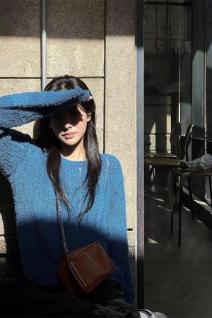 Blue Round Neck Long Sleeve Knitted Sweater for Women - Pumpkin Korean Style Hollow Out Loose Fashionable Top, Lazy Chic