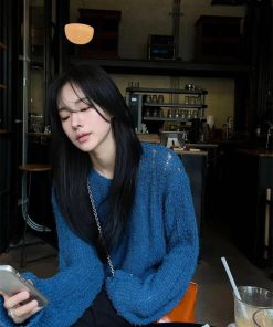 Blue Round Neck Long Sleeve Knitted Sweater for Women - Pumpkin Korean Style Hollow Out Loose Fashionable Top, Lazy Chic