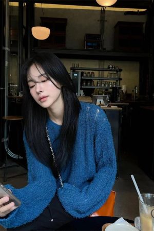 Blue Round Neck Long Sleeve Knitted Sweater for Women - Pumpkin Korean Style Hollow Out Loose Fashionable Top, Lazy Chic