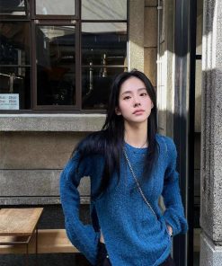 Blue Round Neck Long Sleeve Knitted Sweater for Women - Pumpkin Korean Style Hollow Out Loose Fashionable Top, Lazy Chic