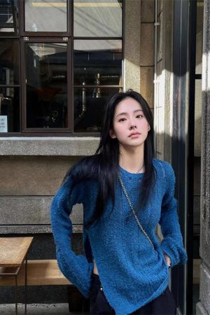 Blue Round Neck Long Sleeve Knitted Sweater for Women - Pumpkin Korean Style Hollow Out Loose Fashionable Top, Lazy Chic