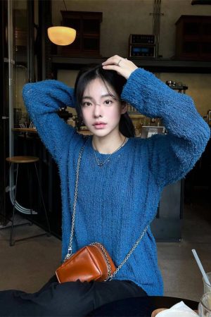 Blue Round Neck Long Sleeve Knitted Sweater for Women - Pumpkin Korean Style Hollow Out Loose Fashionable Top, Lazy Chic