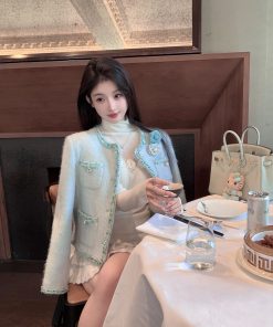 Blue Sequined Woolen Coat for Women - Thick Winter Down Inner Lining Short Overcoat, Perfect for Y2K and 90s Fashion Styles