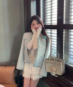 Blue Sequined Woolen Coat for Women - Thick Winter Down Inner Lining Short Overcoat, Perfect for Y2K and 90s Fashion Styles