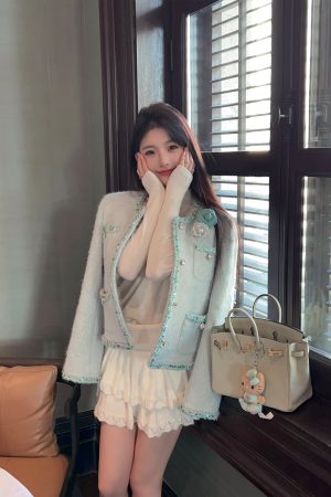 Blue Sequined Woolen Coat for Women - Thick Winter Down Inner Lining Short Overcoat, Perfect for Y2K and 90s Fashion Styles