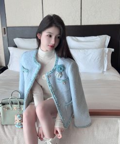 Blue Sequined Woolen Coat for Women - Thick Winter Down Inner Lining Short Overcoat, Perfect for Y2K and 90s Fashion Styles