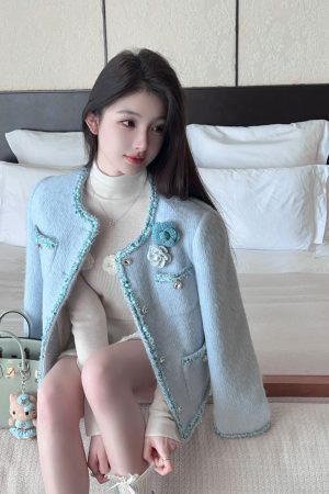 Blue Sequined Woolen Coat for Women - Thick Winter Down Inner Lining Short Overcoat, Perfect for Y2K and 90s Fashion Styles