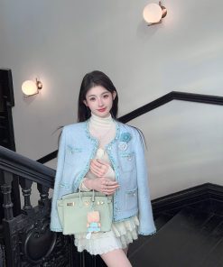 Blue Sequined Woolen Coat for Women - Thick Winter Down Inner Lining Short Overcoat, Perfect for Y2K and 90s Fashion Styles