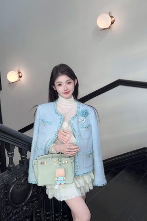 Blue Sequined Woolen Coat for Women - Thick Winter Down Inner Lining Short Overcoat, Perfect for Y2K and 90s Fashion Styles