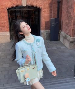 Blue Sequined Woolen Coat for Women - Thick Winter Down Inner Lining Short Overcoat, Perfect for Y2K and 90s Fashion Styles