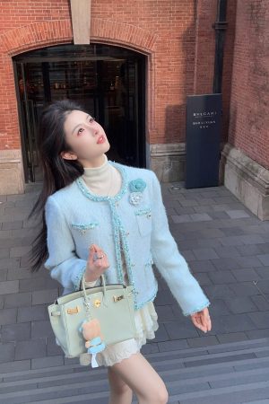 Blue Sequined Woolen Coat for Women - Thick Winter Down Inner Lining Short Overcoat, Perfect for Y2K and 90s Fashion Styles