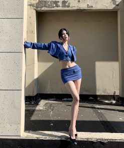 Blue Short Blazer and Low-Waisted Skirt Suit Set â€“ Chic Two-Piece Outfit for Effortless Style, Perfect for Personal Use and Special Occasions