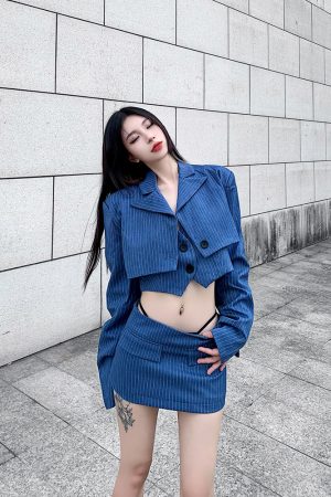 Blue Short Blazer and Low-Waisted Skirt Suit Set â€“ Chic Two-Piece Outfit for Effortless Style, Perfect for Personal Use and Special Occasions