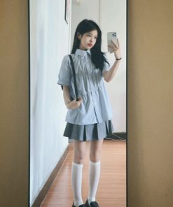 Blue Short-Sleeved Casual Shirt for Women - Trendy Loose Fit Summer Style, College Chic, High-End Fashion Must-Have