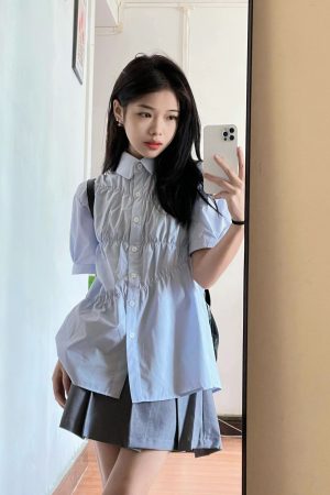 Blue Short-Sleeved Casual Shirt for Women - Trendy Loose Fit Summer Style, College Chic, High-End Fashion Must-Have