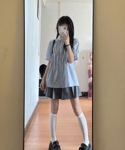 Blue Short-Sleeved Casual Shirt for Women - Trendy Loose Fit Summer Style, College Chic, High-End Fashion Must-Have