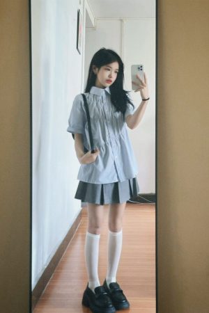 Blue Short-Sleeved Casual Shirt for Women - Trendy Loose Fit Summer Style, College Chic, High-End Fashion Must-Have