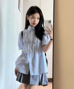 Blue Short-Sleeved Casual Shirt for Women - Trendy Loose Fit Summer Style, College Chic, High-End Fashion Must-Have