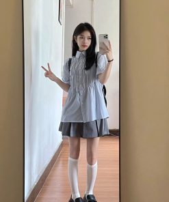 Blue Short-Sleeved Casual Shirt for Women - Trendy Loose Fit Summer Style, College Chic, High-End Fashion Must-Have