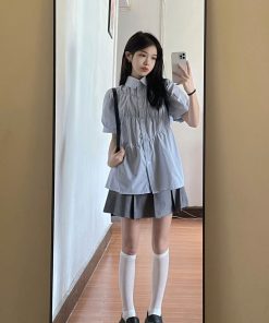 Blue Short-Sleeved Casual Shirt for Women - Trendy Loose Fit Summer Style, College Chic, High-End Fashion Must-Have