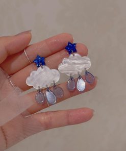 Blue Star Cloud Rain Drop Earrings for Women - Cute Exquisite Quality Ear Accessories, Unique Mosquito Coil Design