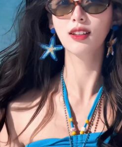 Blue Starfish Drop Earrings for Women, Unique Exaggerated Woven Design, Beach Vacation Style, Trendy Statement Jewelry