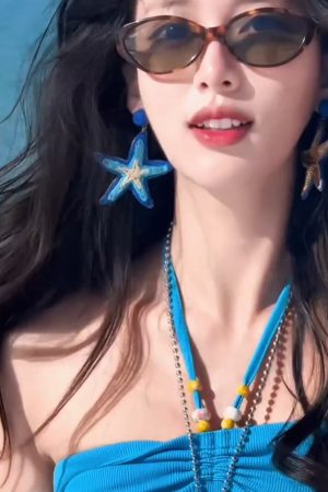 Blue Starfish Drop Earrings for Women, Unique Exaggerated Woven Design, Beach Vacation Style, Trendy Statement Jewelry