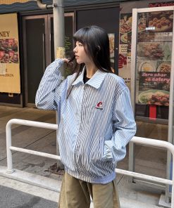 Blue Striped Casual Lapel Jacket for Women, Thin Spring Autumn Zipper Top, American Retro Style, Y2K Fashion Outerwear