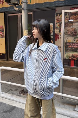 Blue Striped Casual Lapel Jacket for Women, Thin Spring Autumn Zipper Top, American Retro Style, Y2K Fashion Outerwear