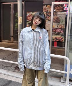 Blue Striped Casual Lapel Jacket for Women, Thin Spring Autumn Zipper Top, American Retro Style, Y2K Fashion Outerwear