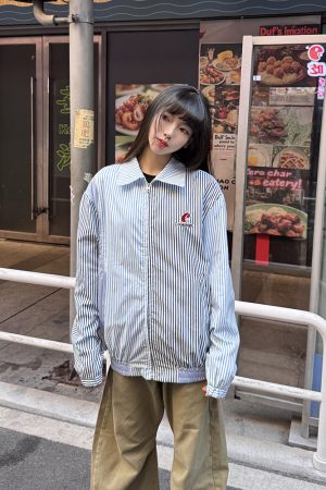 Blue Striped Casual Lapel Jacket for Women, Thin Spring Autumn Zipper Top, American Retro Style, Y2K Fashion Outerwear