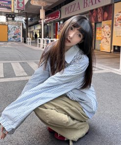 Blue Striped Casual Lapel Jacket for Women, Thin Spring Autumn Zipper Top, American Retro Style, Y2K Fashion Outerwear