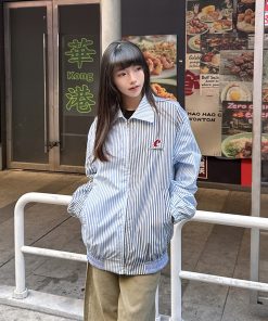 Blue Striped Casual Lapel Jacket for Women, Thin Spring Autumn Zipper Top, American Retro Style, Y2K Fashion Outerwear