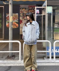 Blue Striped Casual Lapel Jacket for Women, Thin Spring Autumn Zipper Top, American Retro Style, Y2K Fashion Outerwear