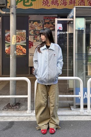 Blue Striped Casual Lapel Jacket for Women, Thin Spring Autumn Zipper Top, American Retro Style, Y2K Fashion Outerwear