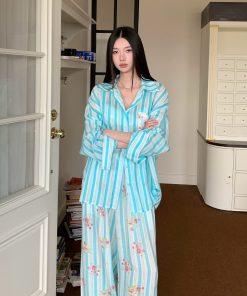 Blue Striped Floral Loose Wide-Leg Tencel Ramie Pants Set - Summer Casual Outfit for Y2K and Korean Style Fashion