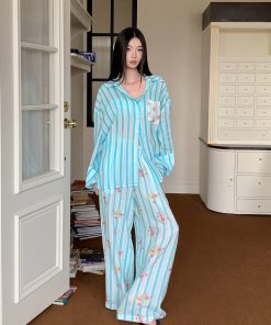 Blue Striped Floral Loose Wide-Leg Tencel Ramie Pants Set - Summer Casual Outfit for Y2K and Korean Style Fashion